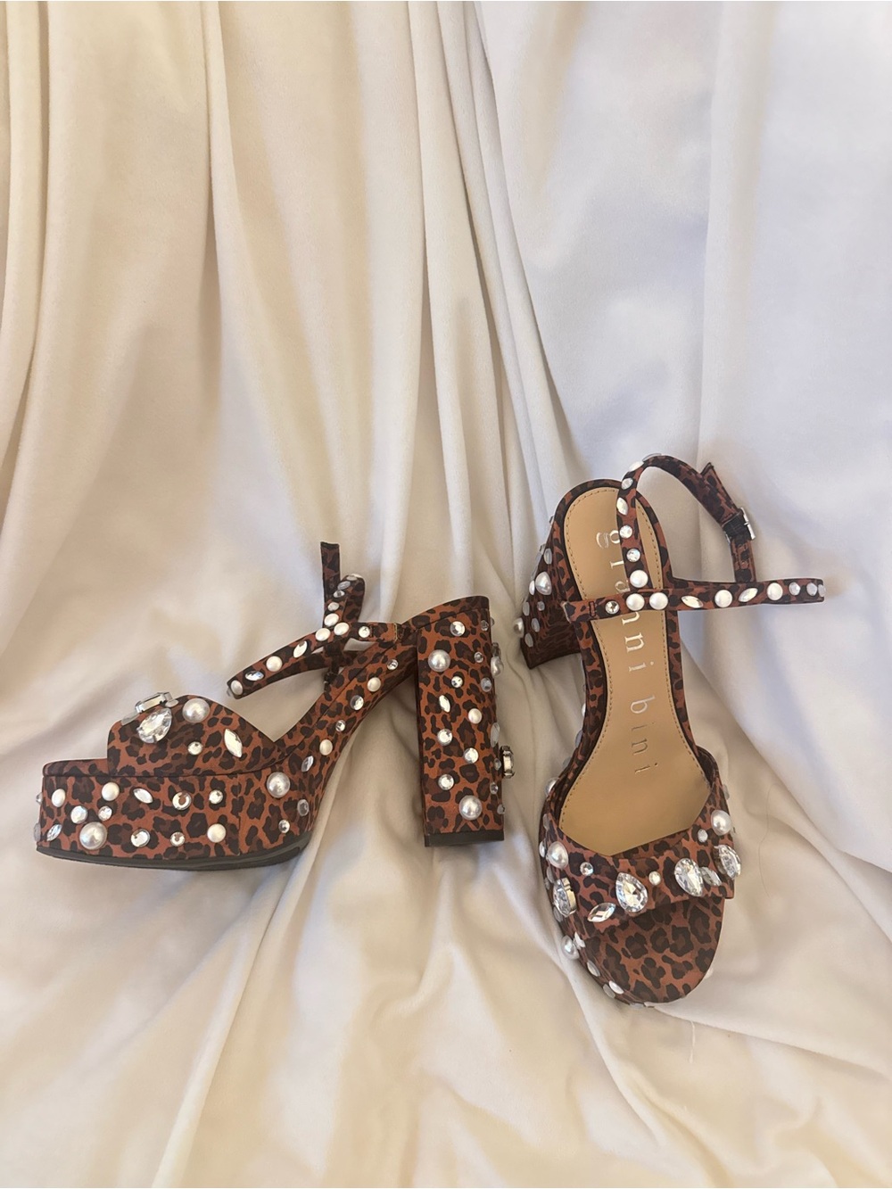 Gianni Bini Leopard Print Platform Sandals with Crystal Accents - Brown